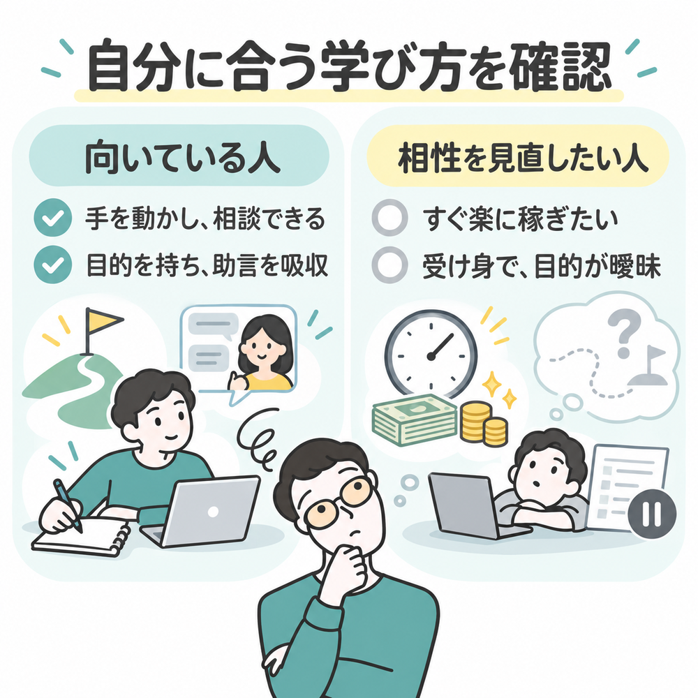 ぬるま湯デザイン塾に向いている人と向いていない人の行動特性を比較する図